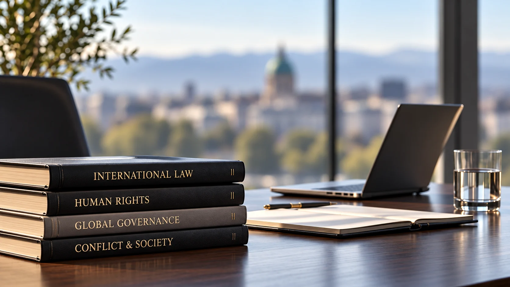 International law and human rights books in a consulting office